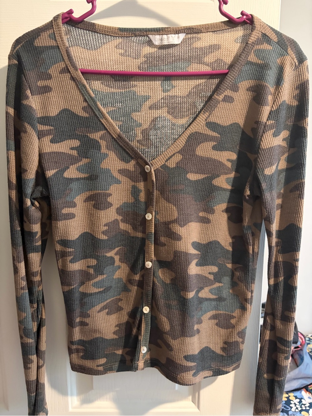 Tresics Camo Button-Front Waffle Knit Top in Brown and Green